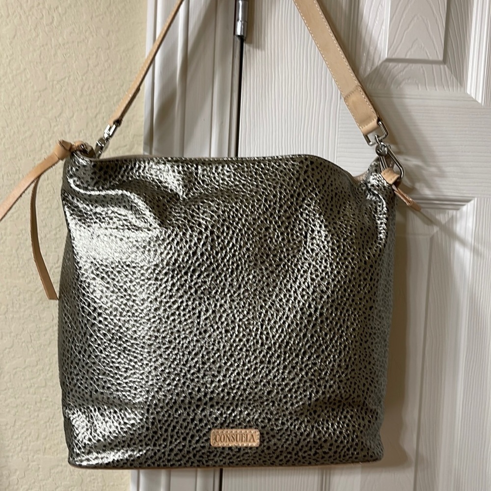 Consuela Tommy Hobo Purse Crossbody Extra Long Strap Pewter Black EUC